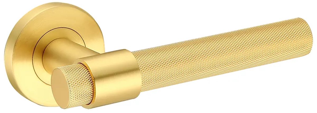 Deurkruk (2x) Ambra rond massief geribbelde diamant greep 20mm met een schroefrozet mat goud PVD gecoat | Ronde deurklinken