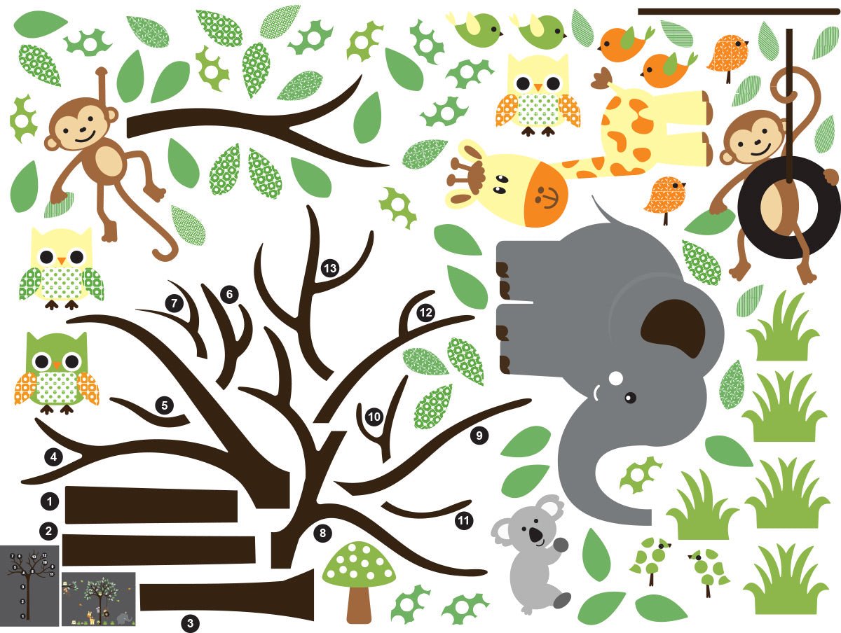 Ambiance Sticker Muurstickers - Stijlvolle dieren in de jungle - Zelfklevende stickers - 80x105cm Multi color