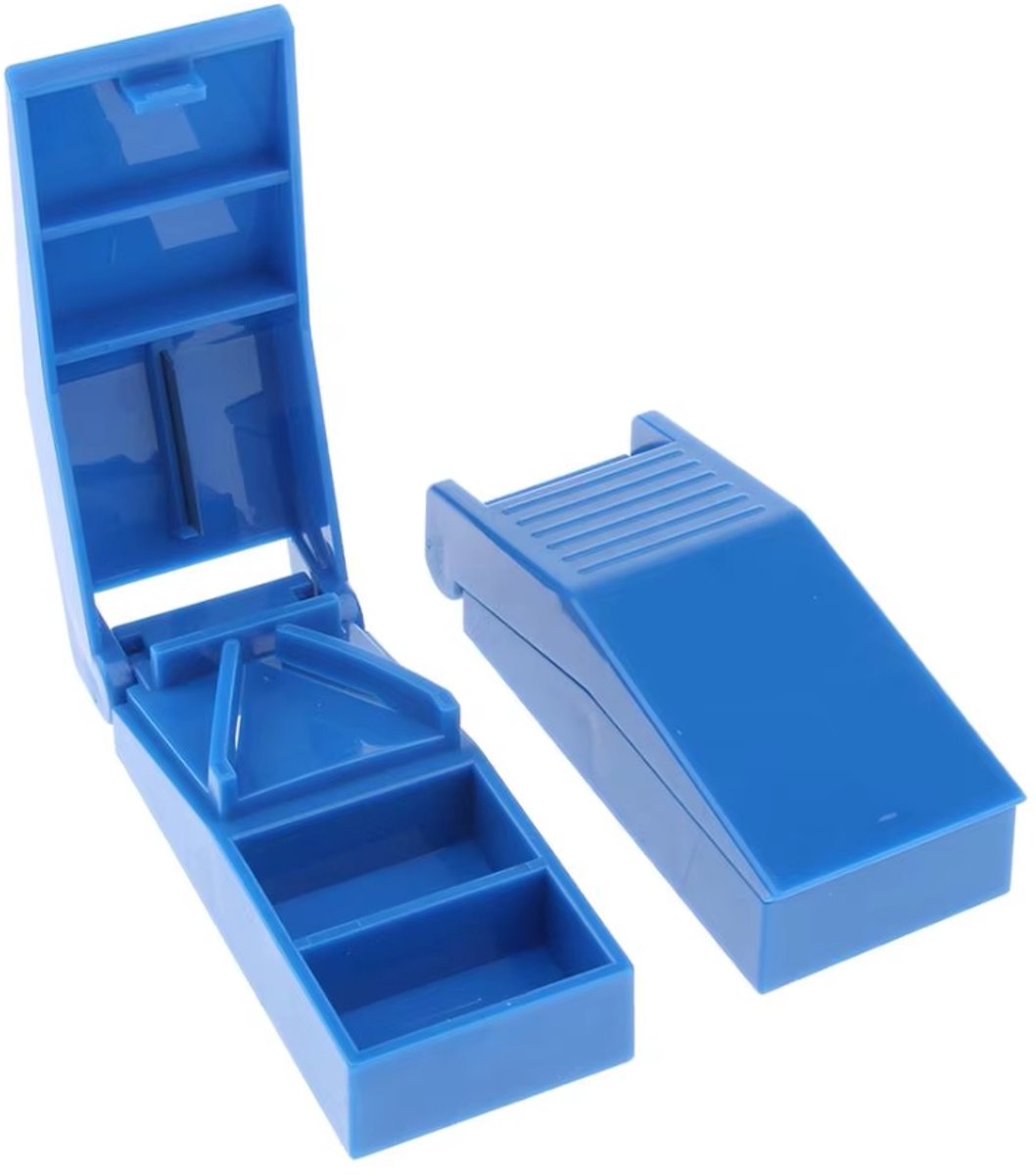 Actie4you® - Pillensnijder - Pillendoos met Pillensnijder - Pillendoosje met scherp mesje van roestvrij staal - Pillenvergruizer – Opbergvak – Blauw