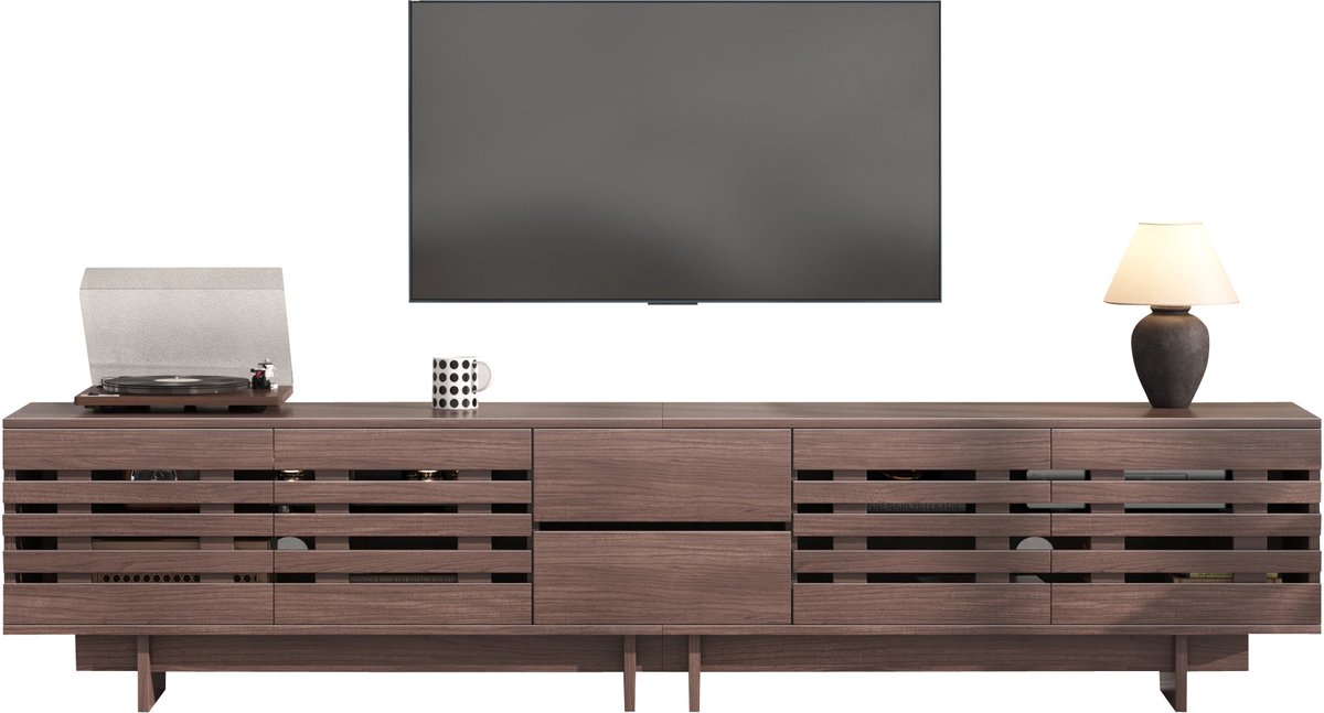 TV-Meubel voor Woonkamer – Modern TV-Lowboard voor Tv’s tot 80 Inch – 4 Deuren& 2 Laden en 6 Opbergvakken – Kabelmanagement – 200 × 39,5 × 55 cm – Walnootkleur