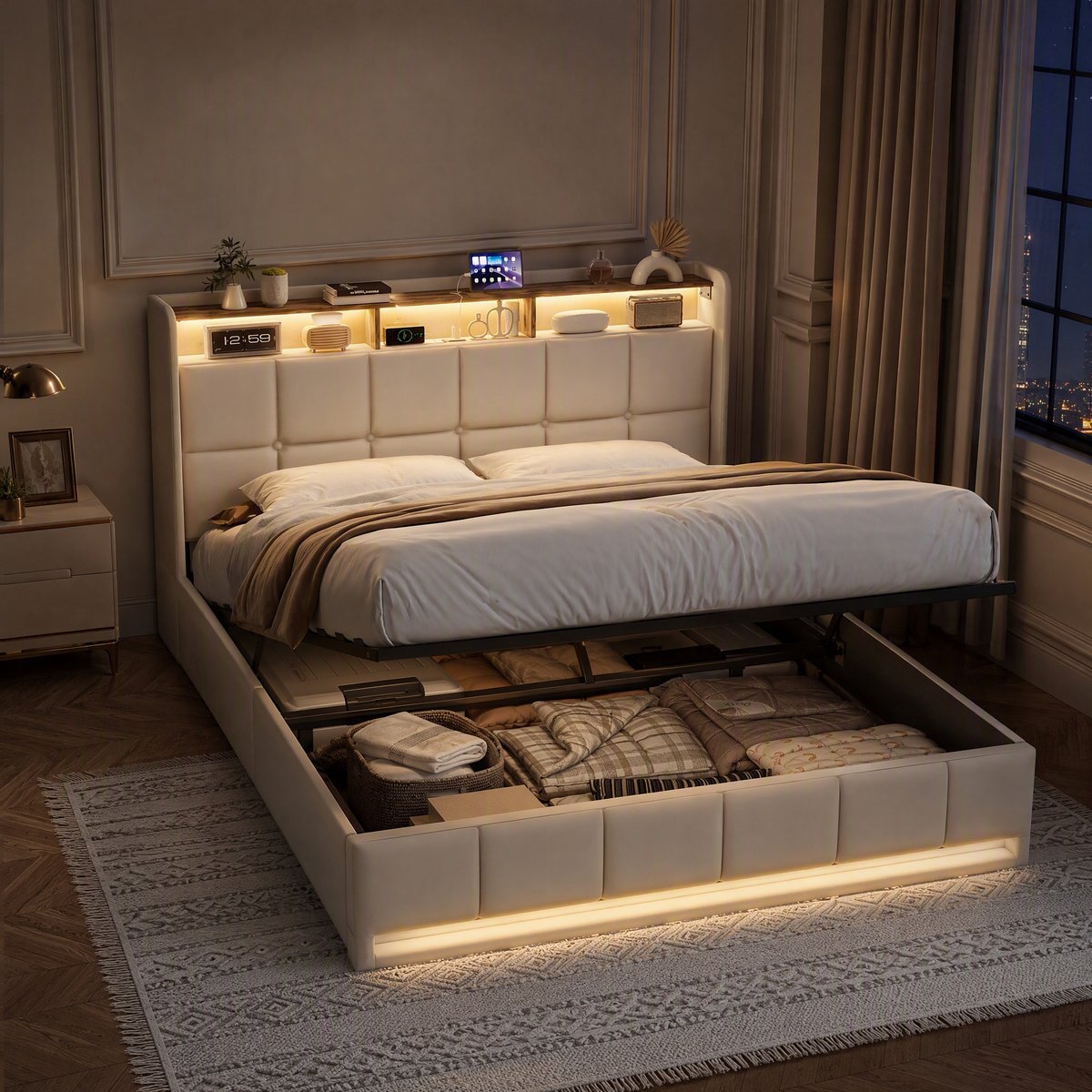 SHOPENTRA Opbergbed 140x200 cm Beige – Gestoffeerd Tweepersoonsbed met Gasveer, LED Hoofd- en Voetbord, USB/Type-C Oplaadpoort – Linnen Bedframe