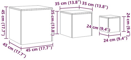 Afmetingen van drie kubusvormige bijzettafels in cm en inches.