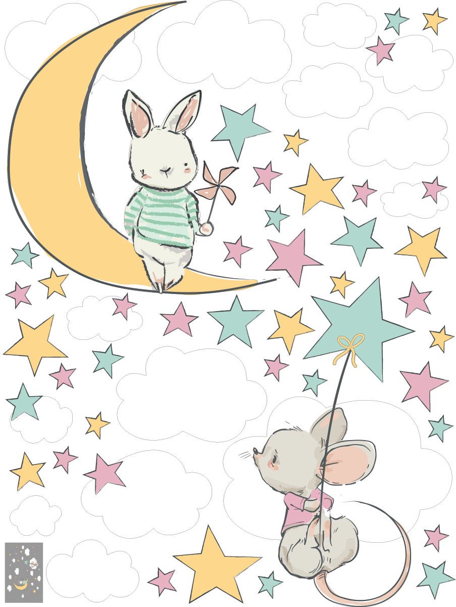 Ambiance Sticker Muurstickers - Konijn en muis die naar de sterren reiken - Zelfklevende stickers - 105x80cm Multi color