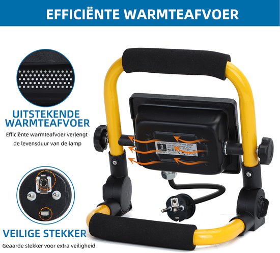 Gele werklamp met zwarte handgreep en standaard. Details van de warmteafvoer en stekker.