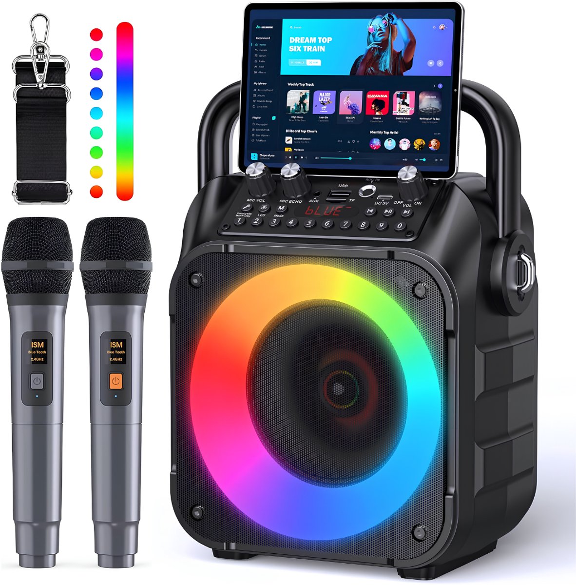 NIVA® Karaokeset - Draagbare Bluetooth Speaker met 2 Draadloze Microfoons - Met LED Verlichting - Zwart - 24cm x 15cm x 32cm