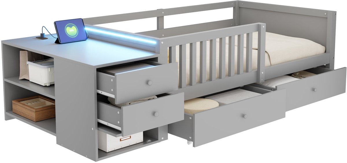 Merax Kinderbed 90 x 200 cm - Bed Met Opbergruimte - Met Bureaufunctie - Stopcontact - LED Verlichting Met Afstandsbediening - 2 Laden - Planken - Veiligheidshekje - Grijs