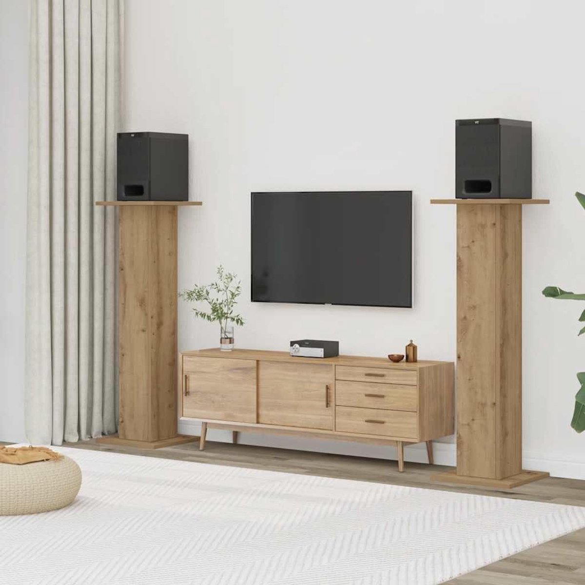 Luidsprekerstandaard Hout - Speakerstandaard Set - Muziek Luisteren - Holle Constructie - 30 x 30 x 95 cm - Eiken