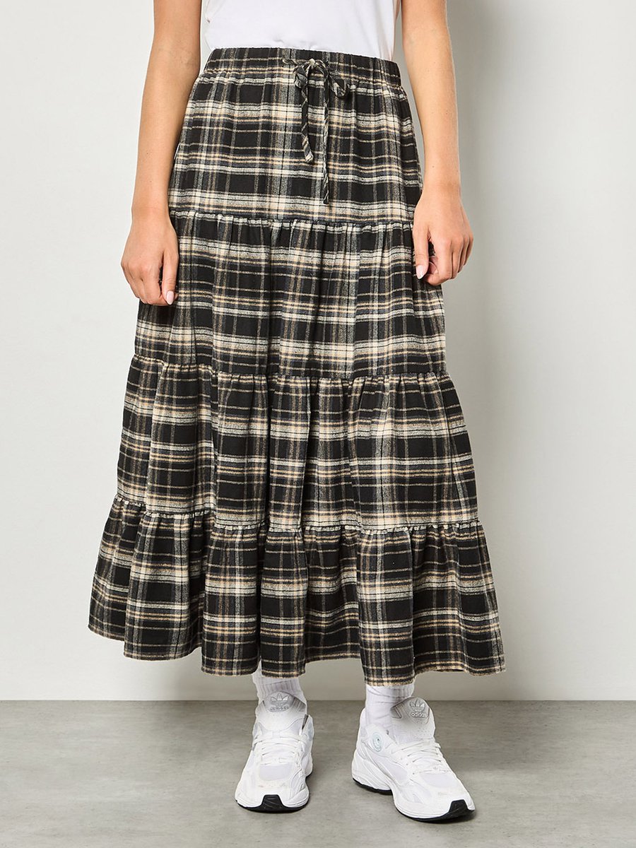 Check Print Tiered Midi Skirt