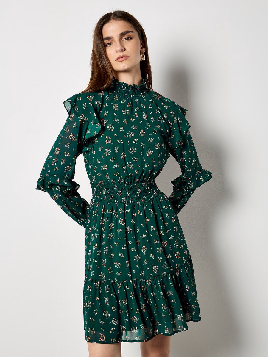 Mini-jurk met laagjes van chiffon met kleine bloemenprint