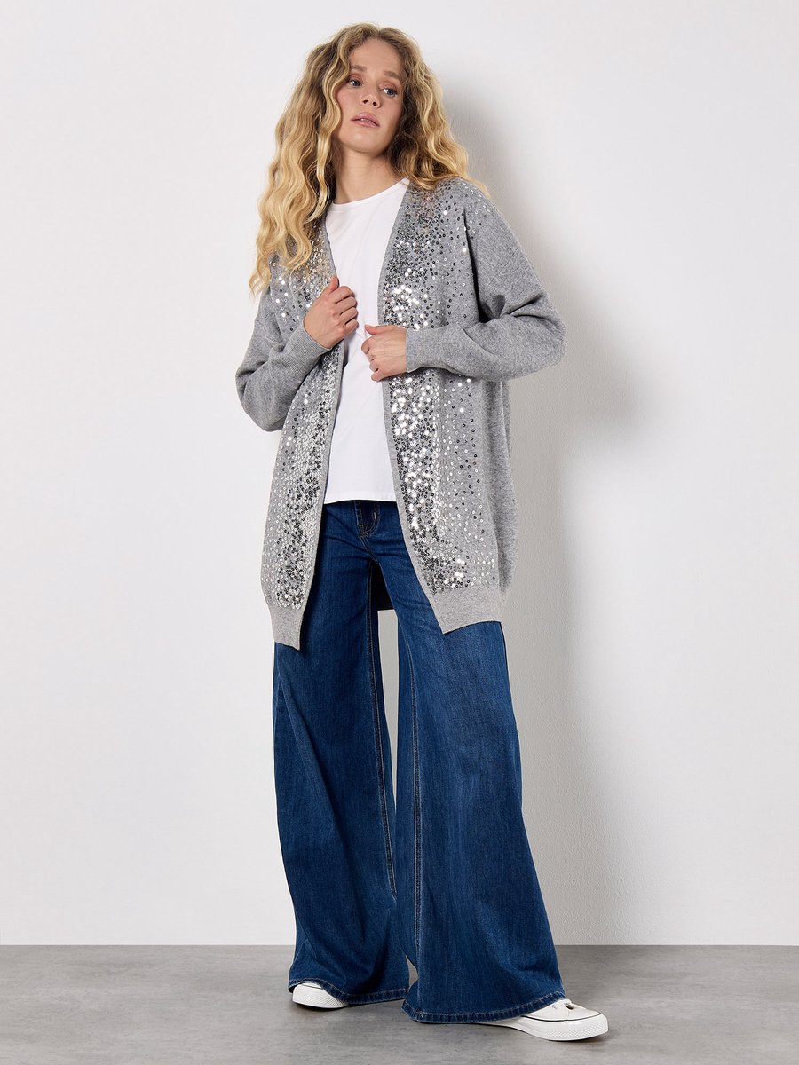 Sequin Embellished Long Cardigan