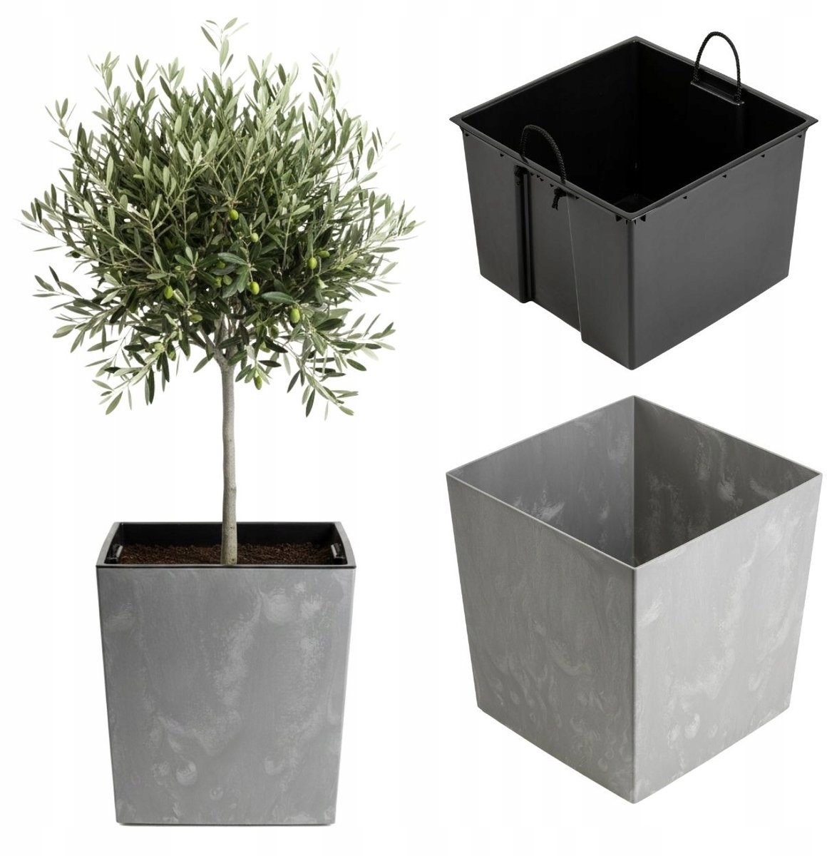Betonlook Vierkante Plantenbak met Inzet 41cm Hoog - Grijs