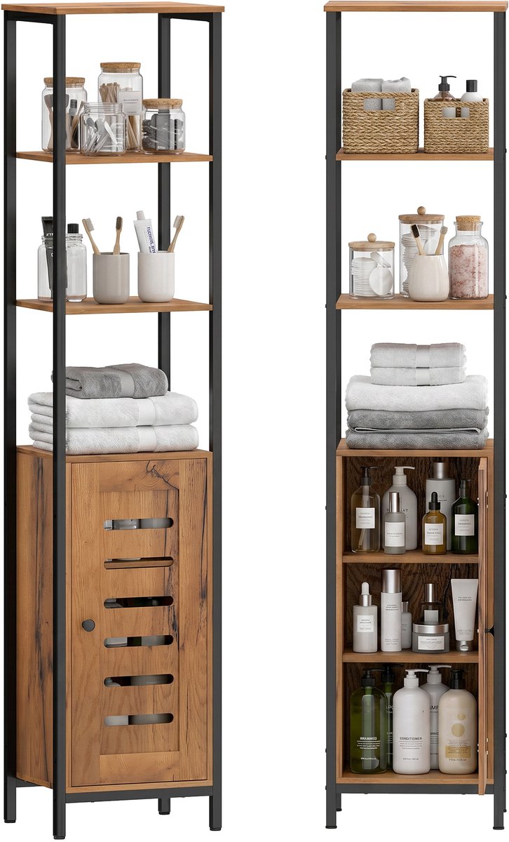 ECTEATOY® Hoge Smalle Badkamerkast - Kolomkast met Soft-Close Louvreduur, 3 Open Vakken en Verstelbare Planken - Industrieel Bruin