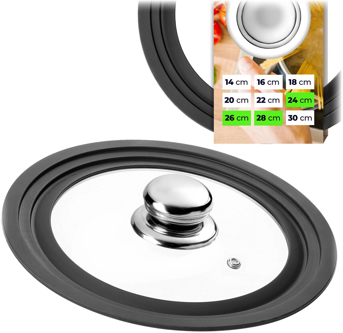 KADAX universele deksel 24/26/28 cm, universele deksel voor potten en pannen, pannendeksel, glazen deksel met siliconenrand en stoomopening, potdeksel (roestvrij staal)