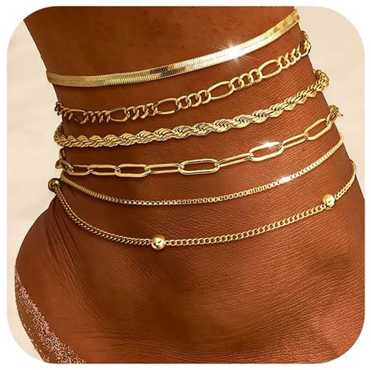 Solidchoice - Set van 6 Gouden Anklets met Diverse Ontwerpen