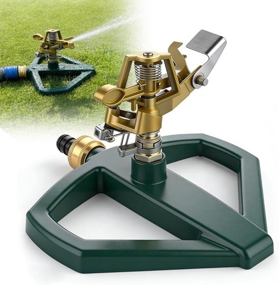 Automatische 360 graden roterende gazonsproeier met metalen sokkel voor efficiënte grasbewatering, grote oppervlakken en pulsatiesproeier