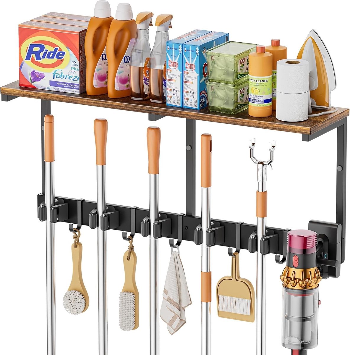 Bezemhouder voor aan de muur - Grijs - 5 Sleuven en 6 Haken - Duurzaam Metalen Frame met Houten Plank - Voor Schoonmaakmiddelen