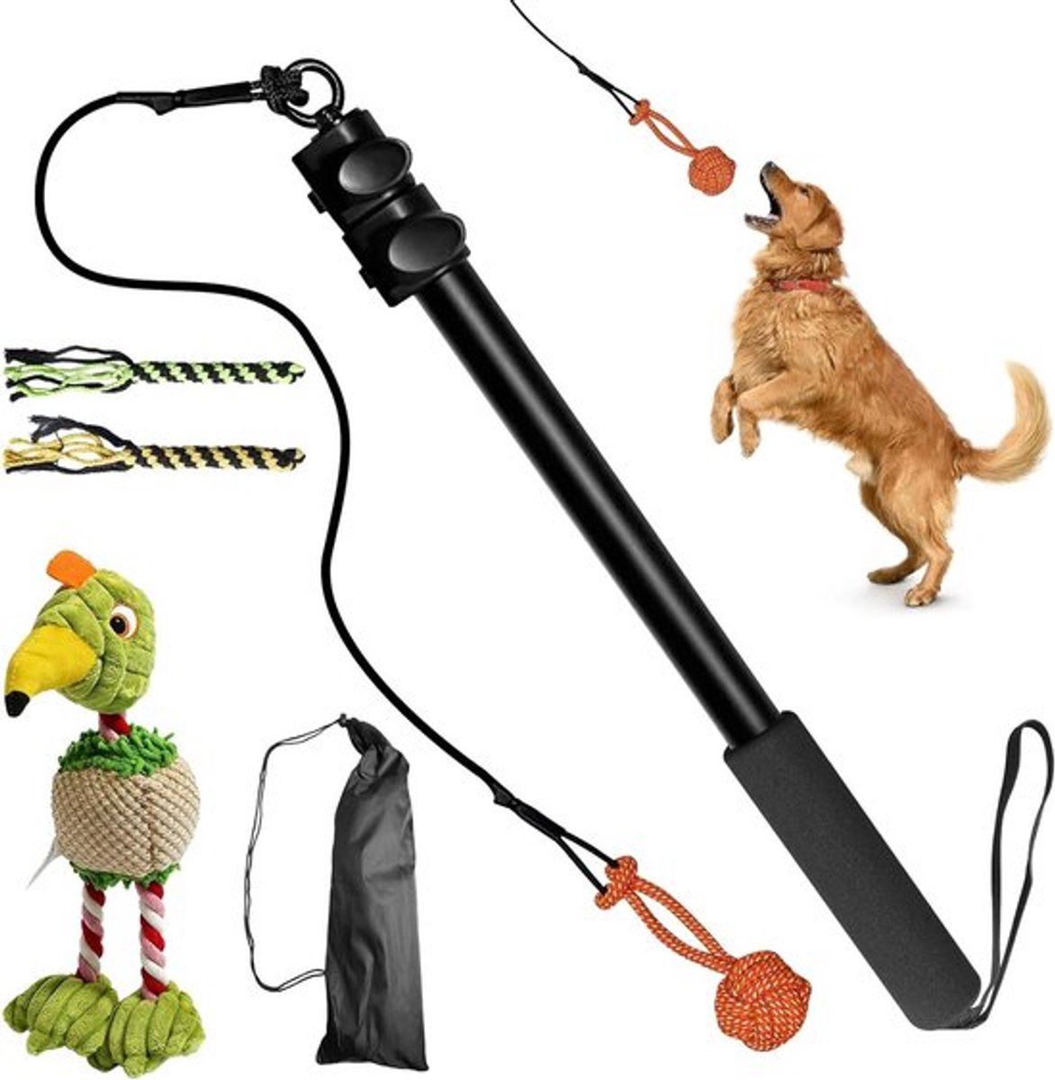 Verstelbare hengel voor honden met reservetouw en interactief kauwspeelgoed, ideaal voor actieve honden, werpspeelgoed en kauwspeelgoed, groen