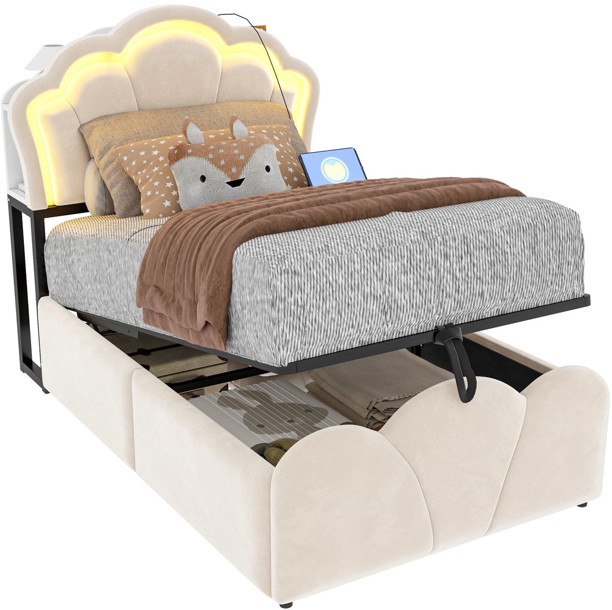 Merax Gestoffeerd Bed 90 X 200 Cm - Bed Met Opbergruimte - Fluweel - LED Verlichting - Stopcontacten - Hoofdbord Met Opbergvakken - Beige