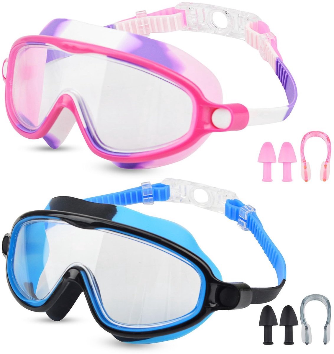 Casalora Zwembril - 2 Stuks Zwembril kinderen - Duikbril kinderen - 3-15 jaar - Inclusief Neusklem en Oordoppen - Anti-Condens - UV Bescherming - Roze en Blauw