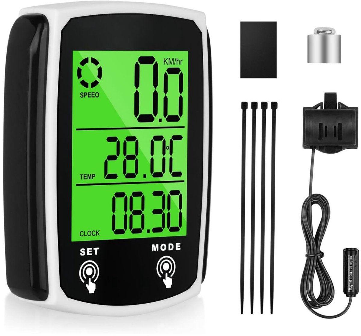 NIVA® Fietscomputer - Fiets Snelheidsmeter - Fietscomputers - Fietscomputer Bedraad - Zwart /Wit - 6cm x 5cm x 2cm