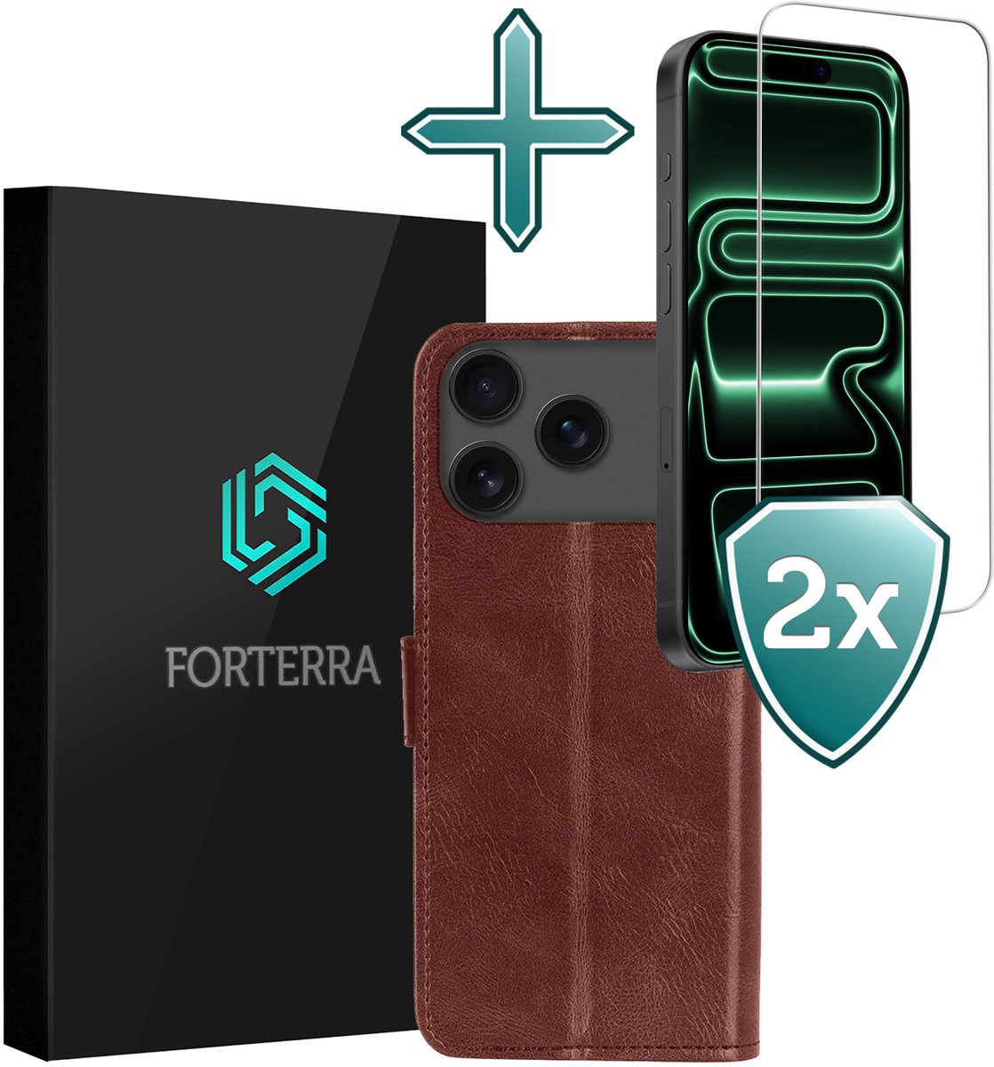 Hoesje Met 2x Screenprotector - Geschikt voor Apple iPhone 18 Pro - Luxe Pasjeshouder - Flip Case - Bookcase Portemonee - Kunstleer Book Case - Flipcase Hoes - Book Cover - Walletcase - Portemonneehoes - Bruin