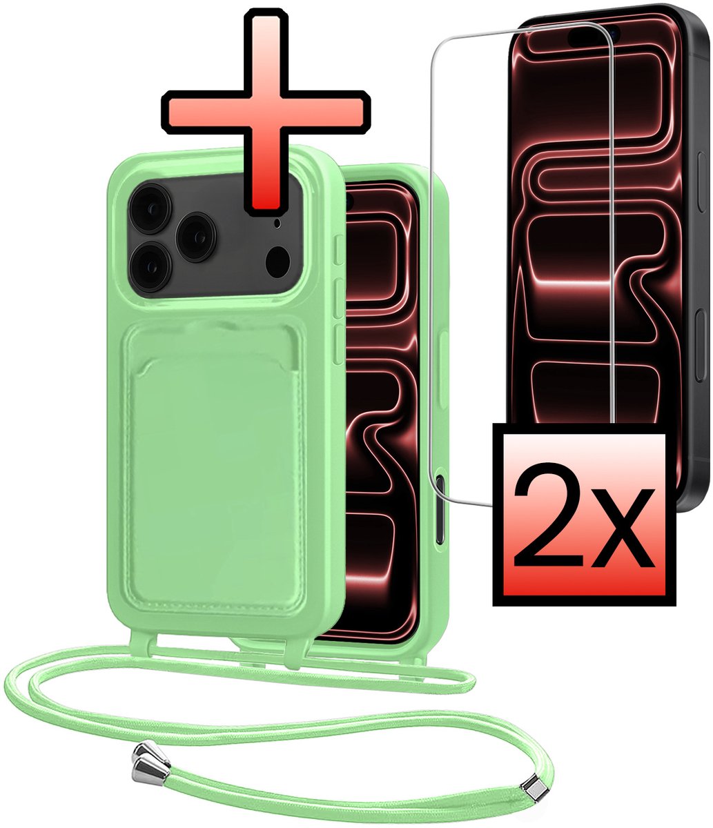 Hoes Geschikt voor iPhone 18 Pro Met Telefoonkoord Met 2x Screenprotector - Siliconen Hoesje Backcover Met Ketting - Groen