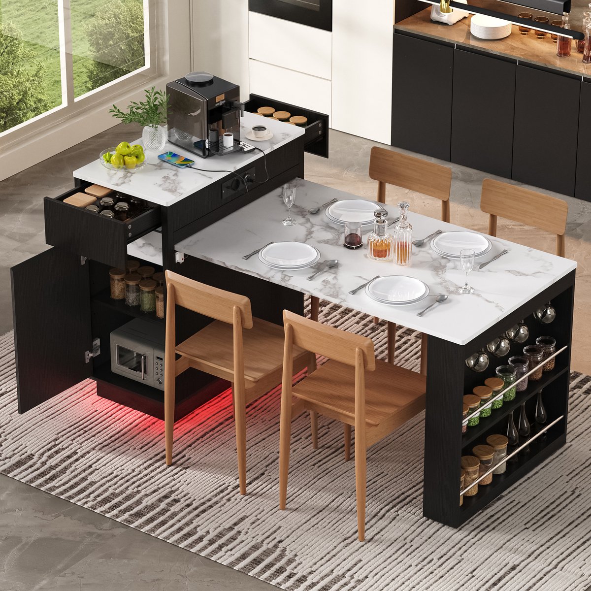 MIVRAY Keukeniland Uitrekbare Eettafel Met Led Verlichting Stopcontacten En Haken Modern Zwart MDF En Spaanplaat 58 Tot 154 Cm