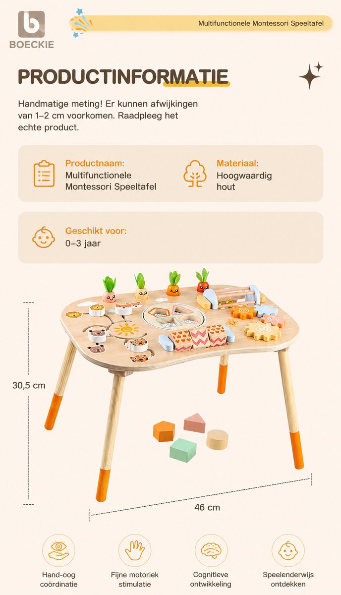 BOECKIE Montessori Activiteitentafel Hout - Houten Speeltafel met Activiteiten - Motoriek & Vormensorteerder - Educatief Speelgoed - Vanaf 1 Jaar van BOECKIE — afbeelding 2