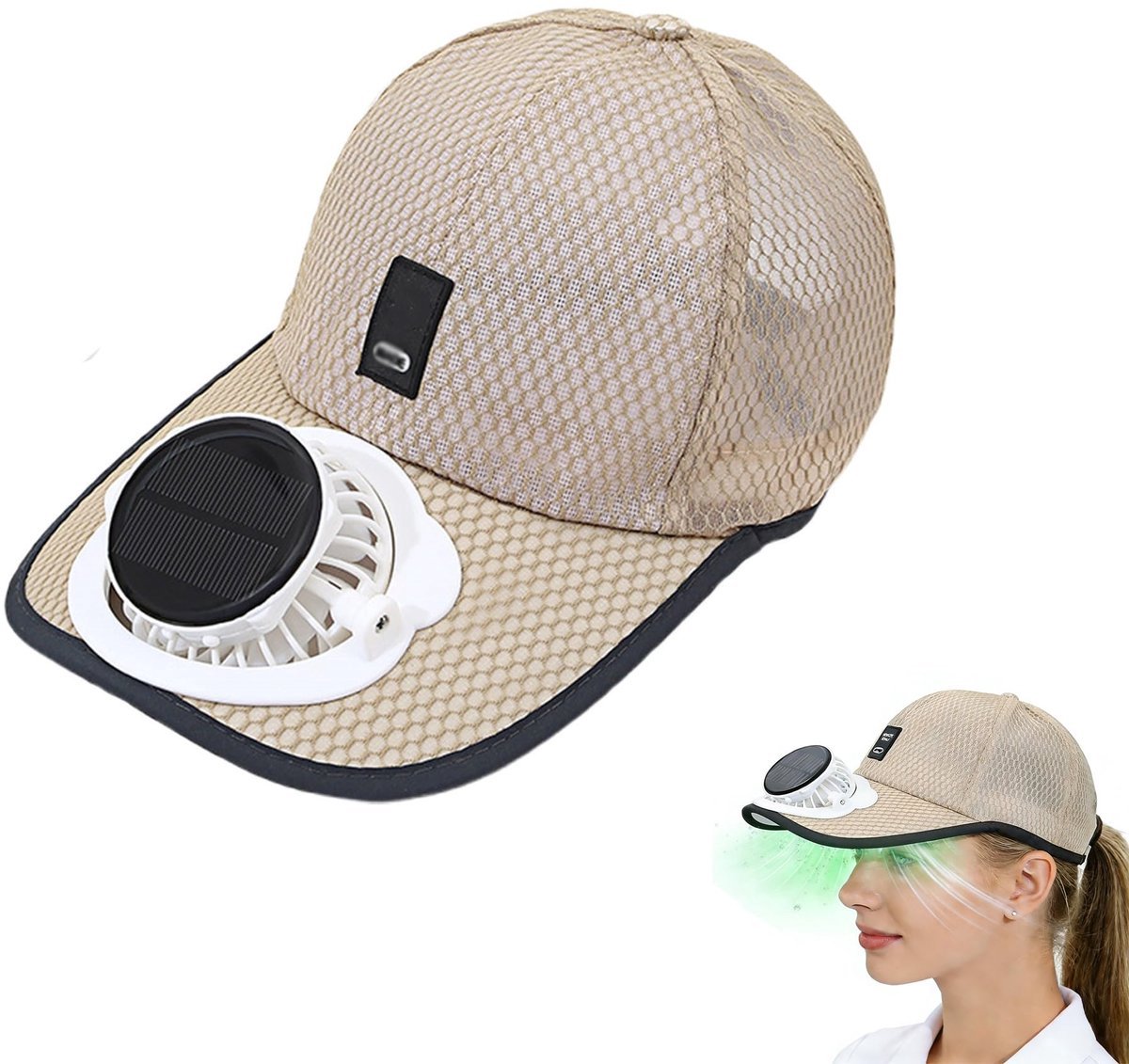 Casalora Pet Met Ventilator – Zonnehoed Met Luchtblazer En USB-Oplading – Brede Rand Zonneklep Met Ingebouwde Ventilator – Voor Heren & Dames – Strand, Camping, Wandelen, Golf, Werk – Khaki