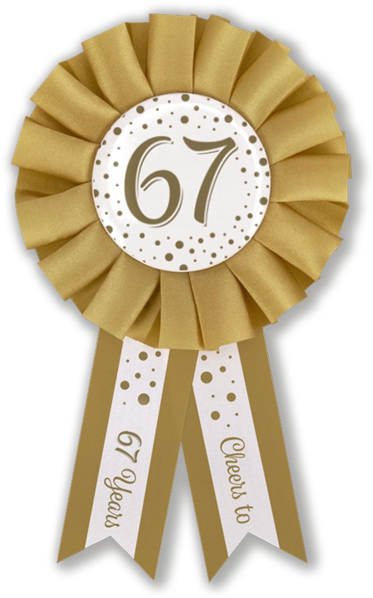 LUQ – Rosette 67 Jaar Jarig – Goud-Wit – Luxe Verjaardag Pin – Birthday Feest Accessoire – Broche – Direct Opspeldbaar