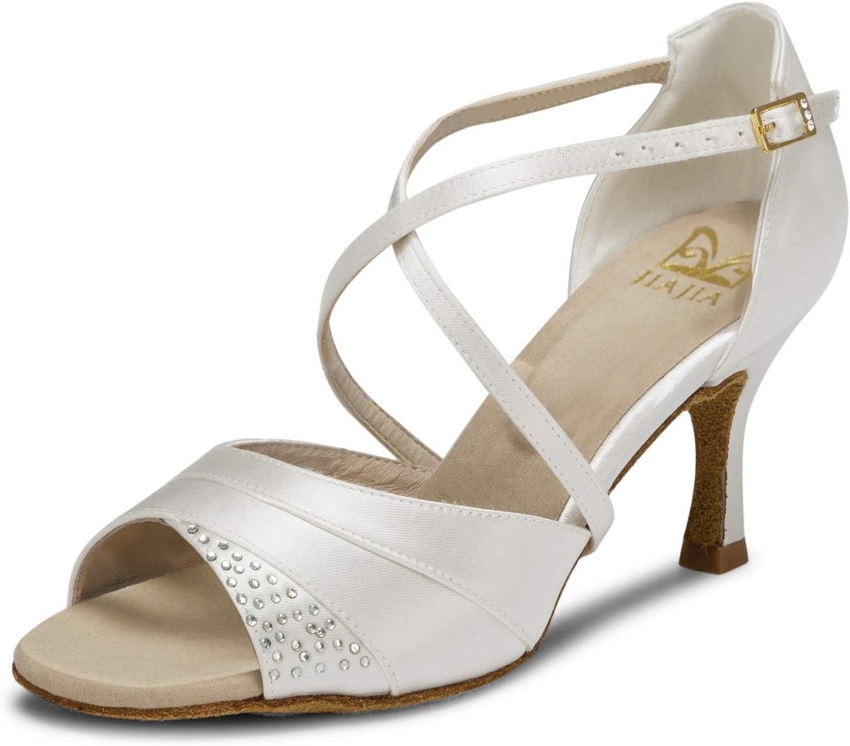 JIA JIA 20522 Latin Women Sandals 7.5cm Flared Heel Super Satin Rhinestone Dance Shoes - ShopVlot