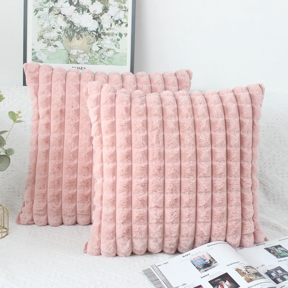 OYIMUA Fluffy Pink Cushion Covers 40cm x 40cm Faux Fur Cushion Cover 40 x 40cm Set of 2 Cushion Covers Soft Plush Sofa - ShopVlot