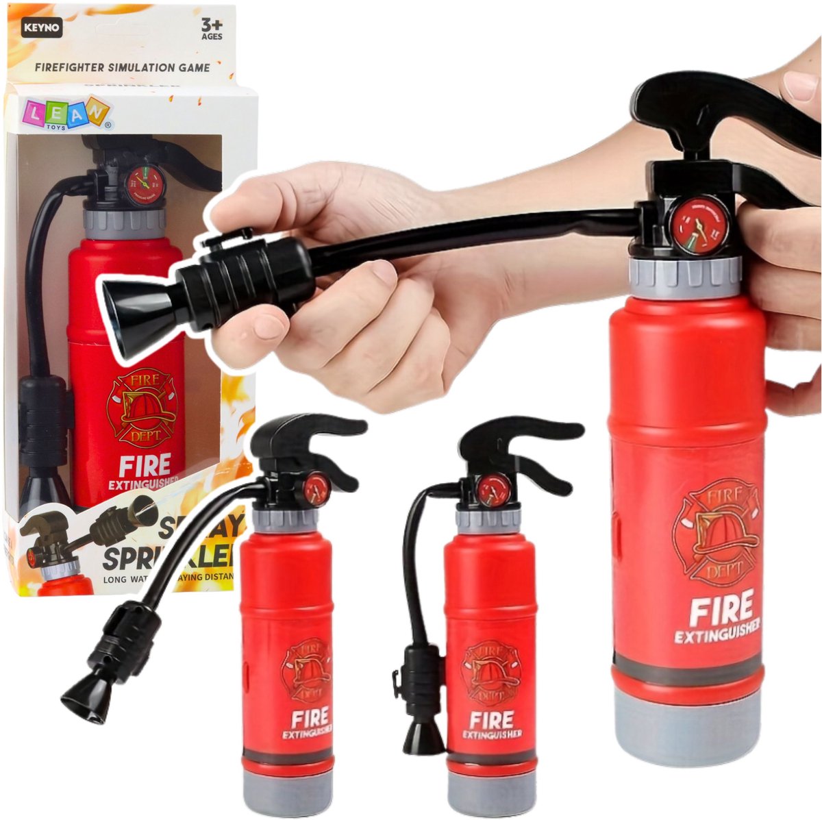 Speelgoedbrandblusser voor een kleine brandweerman met watersproeifunctie