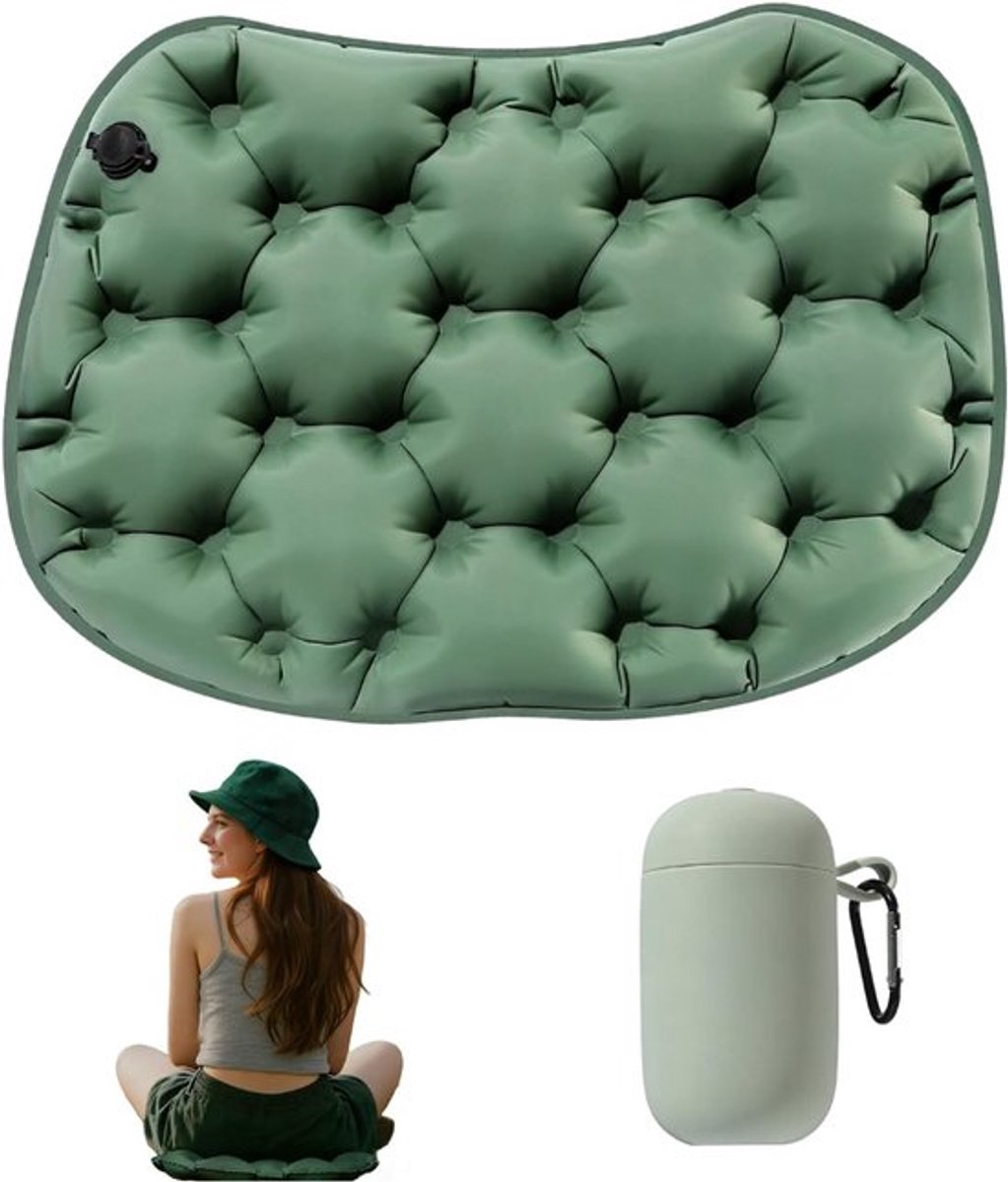 2-delige set Opblaasbaar zitkussen - Lichtgewicht en draagbaar met ingebouwde luchtpomp - Opblaasbaar kussen - Waterdicht stadionzitkussen - 45*34*5 cm - Geschikt voor reizen, kamperen, wandelen en buitenactiviteiten - Groen