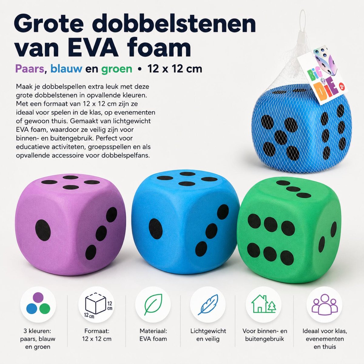 Free & Easy Grote dobbelsteen - groen - 12 x 12 cm - eva foam - groot formaat - dobbelspel