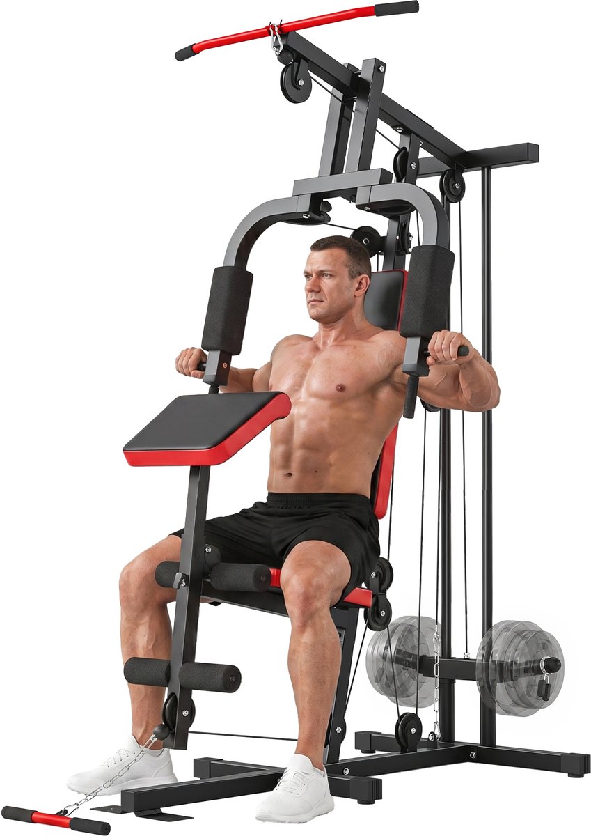 SPORTNOW Multi-Exercise Gym Station-Stahl, Kunstleder-136L x 107B x 205H cm-Schwarz+Rot