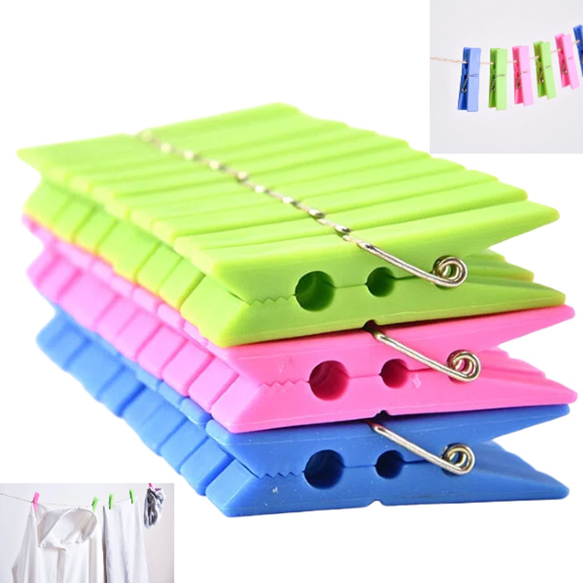 30 mini-wasknijpers - veerklemmen - 6 x 1,5 cm - groen, blauw, roze - Geschikt voor het ophangen van kleding, handdoeken, knutselwerkjes, foto's en boodschappentassen