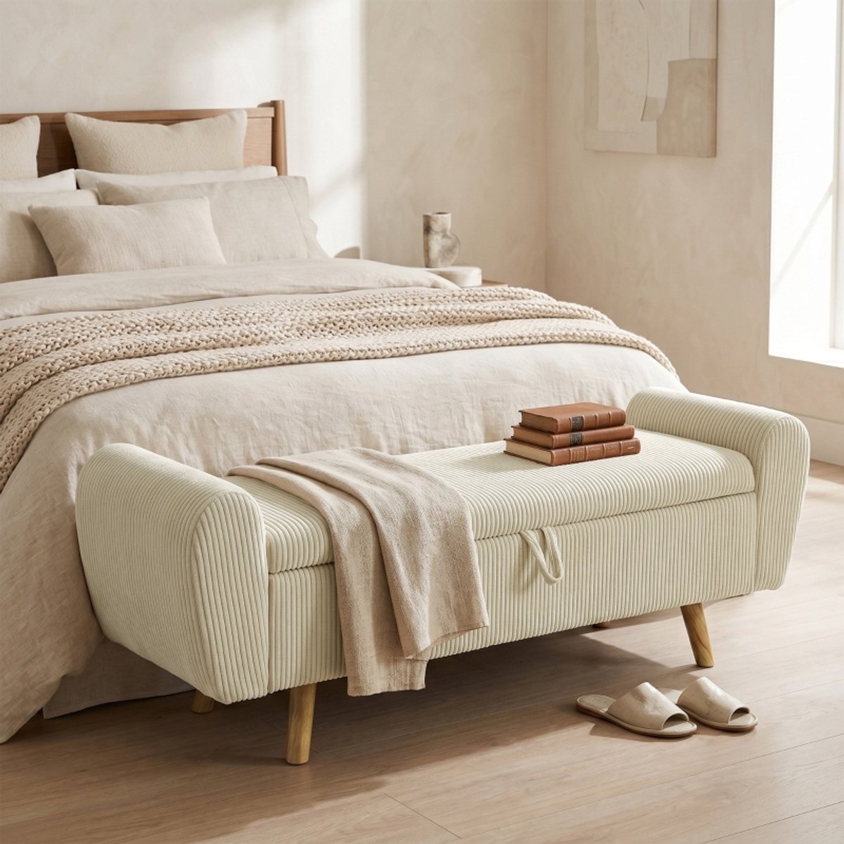 OKWISH Opbergbank Met Verstelbare Opbergruimte 150 Cm Ribfluweel Beige Met Houten Poten En Gekrulde Armleuningen Voor Slaapkamer En Woonkamer