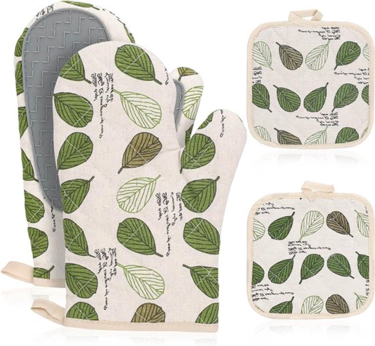 Set van 4 Warmtebestendige Ovenwanten en Pannenonderzetters met Antislip Silikon voor Koken en Bakken in Groen Bladdesign