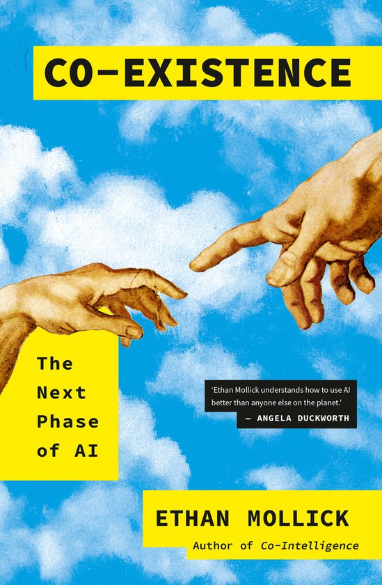 Couverture de livre avec le titre CO-EXISTENCE: The Next Phase of AI, montrant deux mains se touchant presque, inspiré de 'La Création d'Adam'.