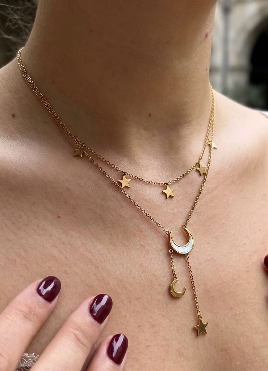 Anelplus Dames Ketting – Dubbele Halsketting met Sterren en Maan Hanger – Goudkleurige Layered Ketting – Trendy en Elegante Sieraden