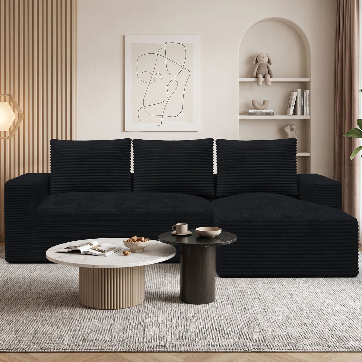 Modulaire L-Hoekbanken van 240 cm van corduroy – vrij te combineren bankmodules – zakvering en hoogwaardige schuimvulling – afneembare, wasbare bekleding – antisliponderkant – draagvermogen van 150 kg per zitplaats – montagevrije woonkamerbank