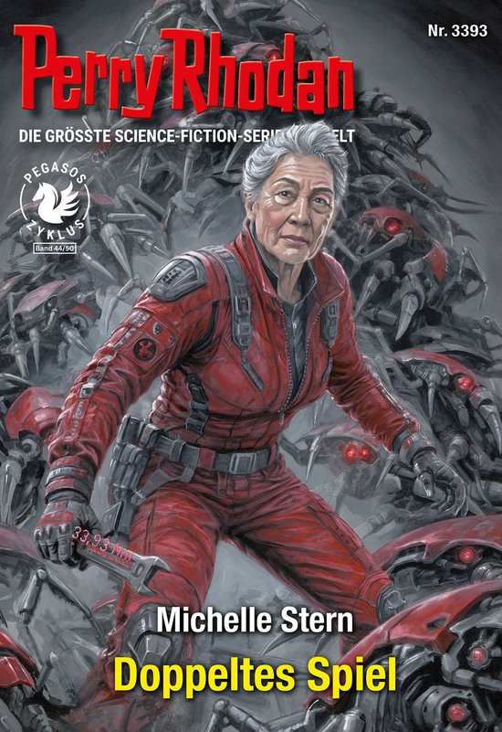 Michelle Stern in rood pilotenpak, omringd door futuristische robots met rode ogen. Perry Rhodan Nr. 3393.