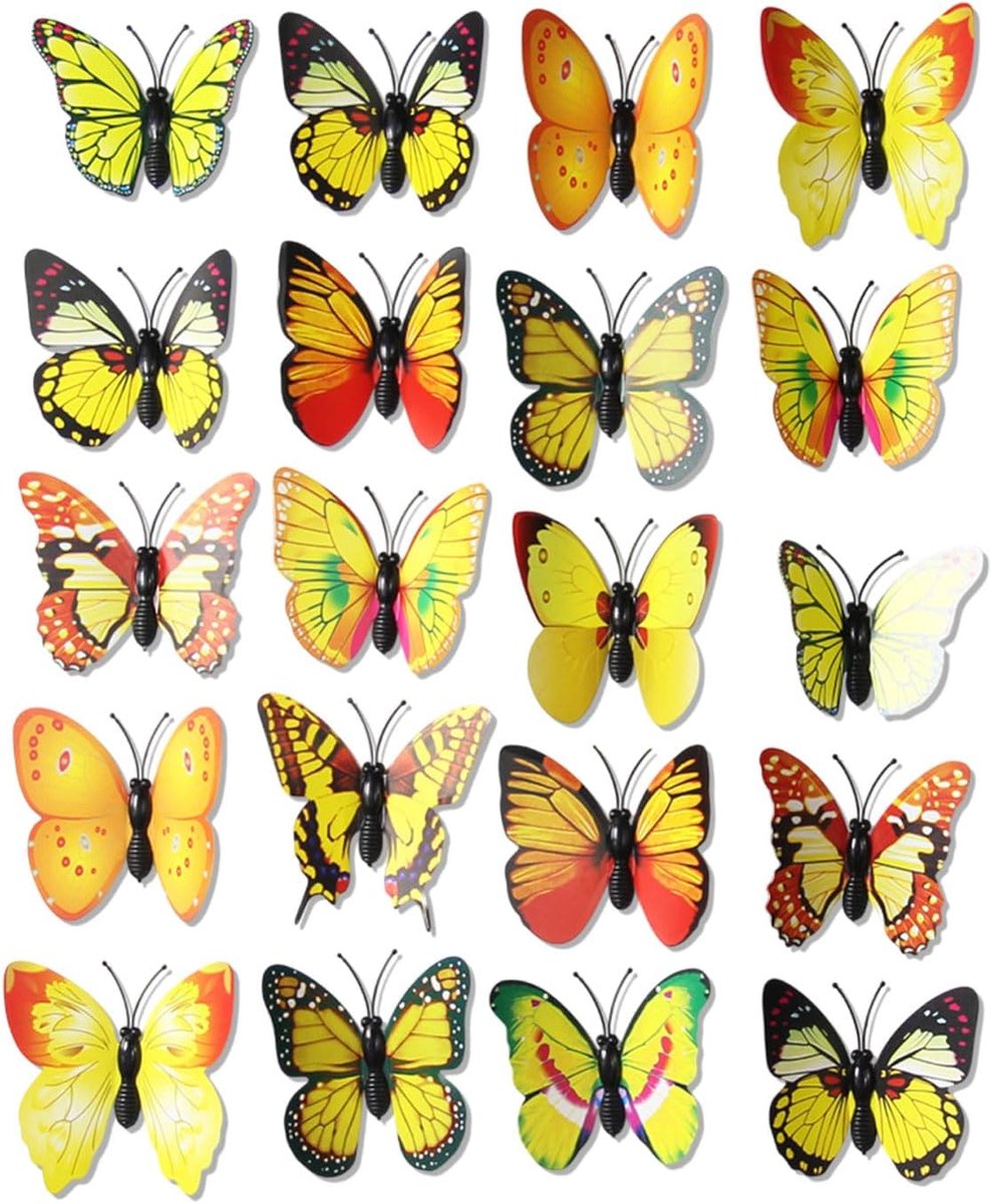 Decoratieve Vlinders Set van 20 - 3D Vleugels - Geel PVC - Perfect voor Wanddecoratie - SnelShoppen