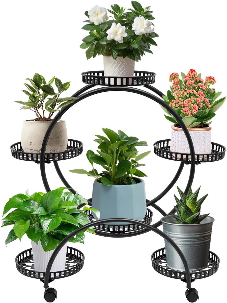 metaal, bloemenrek, plantenrek, plantentrap, mobiel met wiel, voor binnenplaats, tuin, balkon, woonkamer, kantoor met 6 planken, zwart
