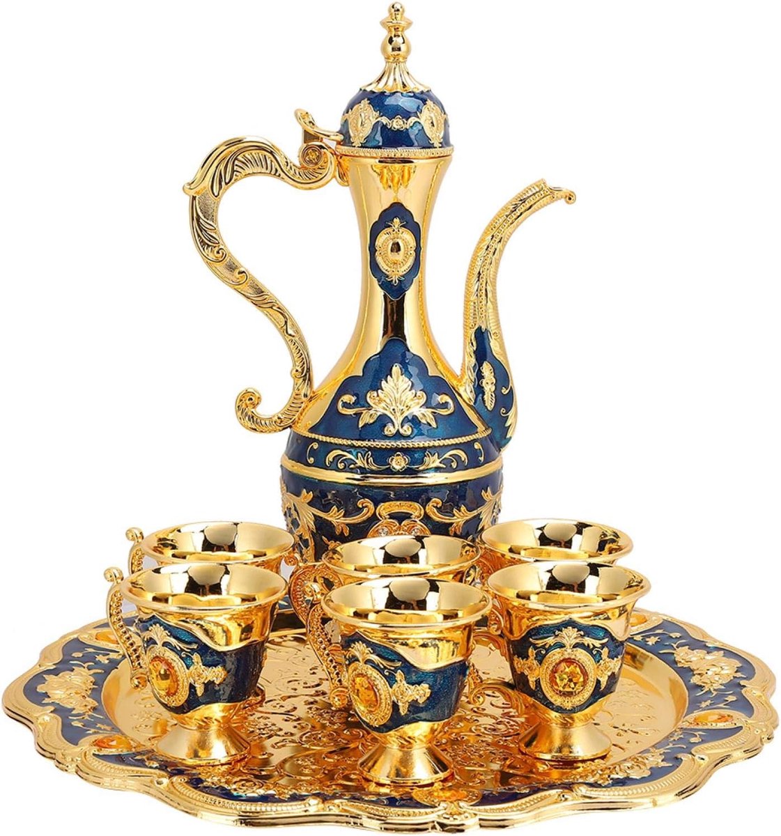 Turkse koffiepot set, theepot kit met dienblad, 6 theeglazen, koffiekopjes, koffiepot, Marokkaanse thee, party, thuiskunst, handwerk, bruiloft, housewarmingscadeau, theeservies (blauw)