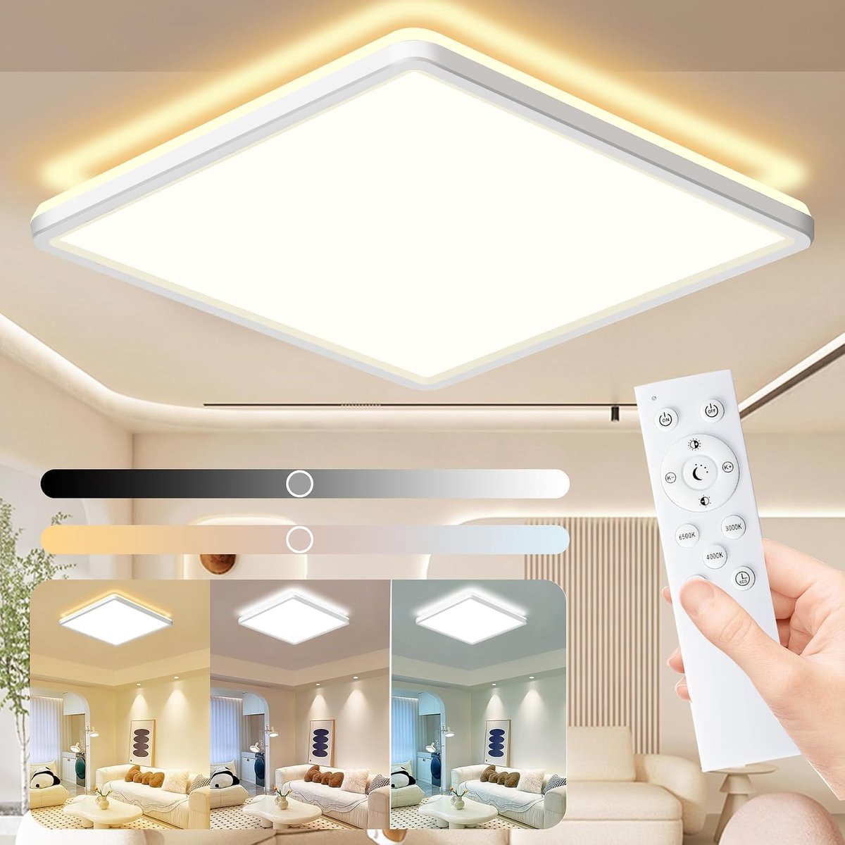 Dimbaar, 24 W, 3200 lm, 3000 K-6500 K, plafondlamp met afstandsbediening, modern, plafondlamp, vierkant, ultradun, voor slaapkamer, keuken, badkamer, balkon, woonkamer, Ø 29 cm