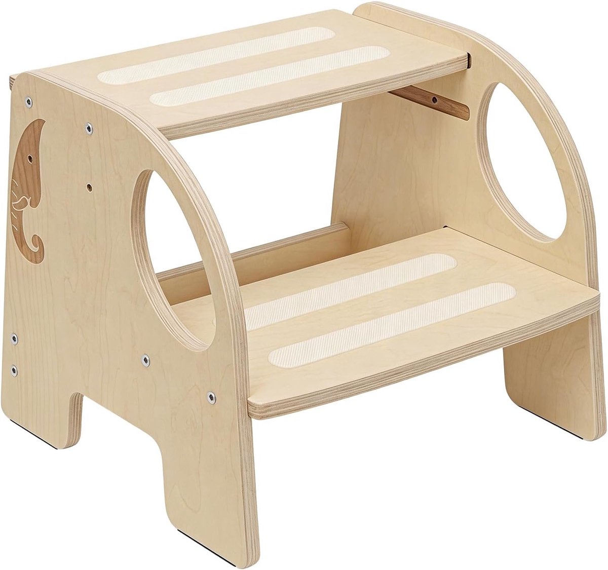 Opstapkruk voor kinderen, 2 treden, van hout, tweetraps kruk, antislip kinderkruk met handvat (olifant)