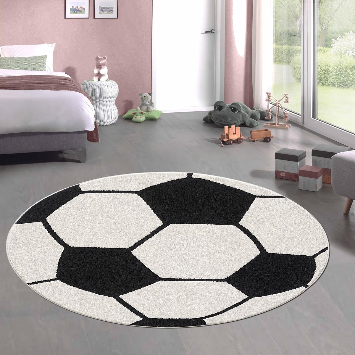 kindervloerkleed rond voetbalpatroon hoog-laag-effect zwart wit zacht kindvriendelijk, 80 cm rond