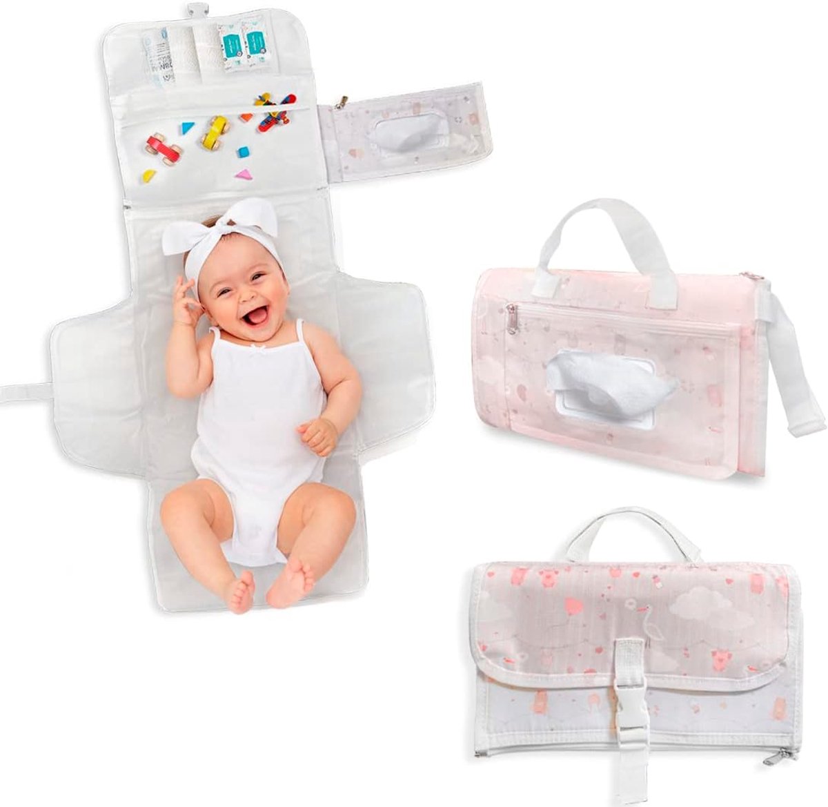 Draagbare aankleedmat, XL, opvouwbaar, waterdicht, ideaal als cadeau voor pasgeborenen, het aankleedkussen is een afneembare tas met 6 vakken voor babyartikelen